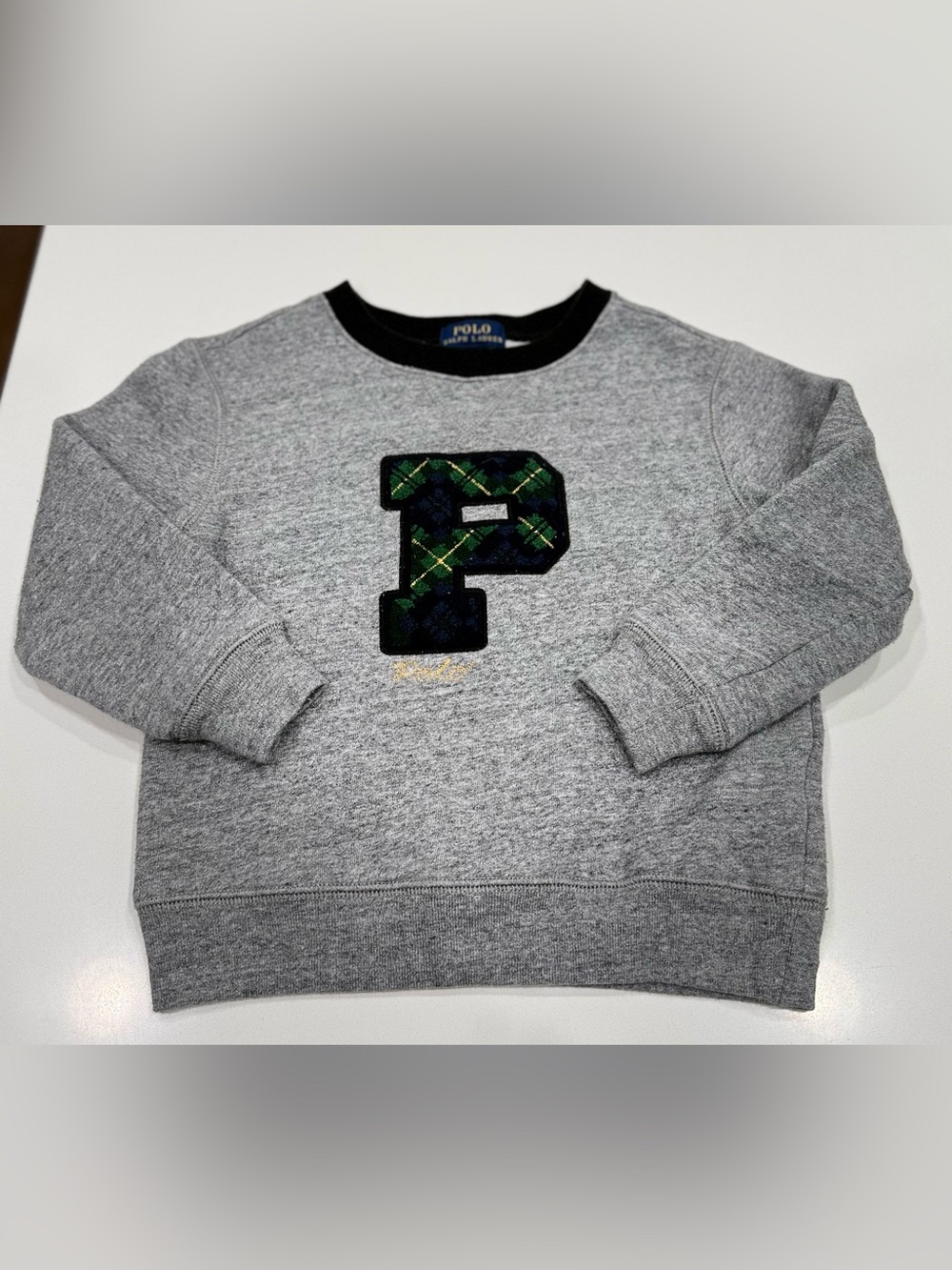 Polo by Ralph Lauren Grey Crewneck Sweater with Green and Navy Plaid 'P' Patch